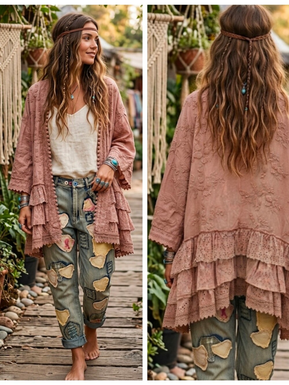 BACK IN STOCK❣️ Mauve Pink Embroidered Ruffle Kimono Eyelit Kimono Cardigan